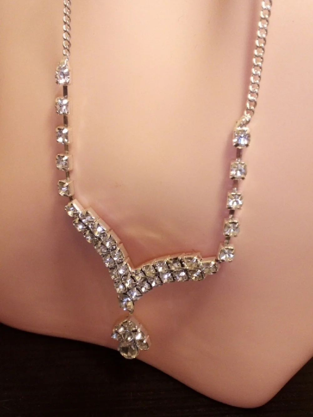 Silver Crystal V-Shaped Pendant Necklace - Women Jewelry